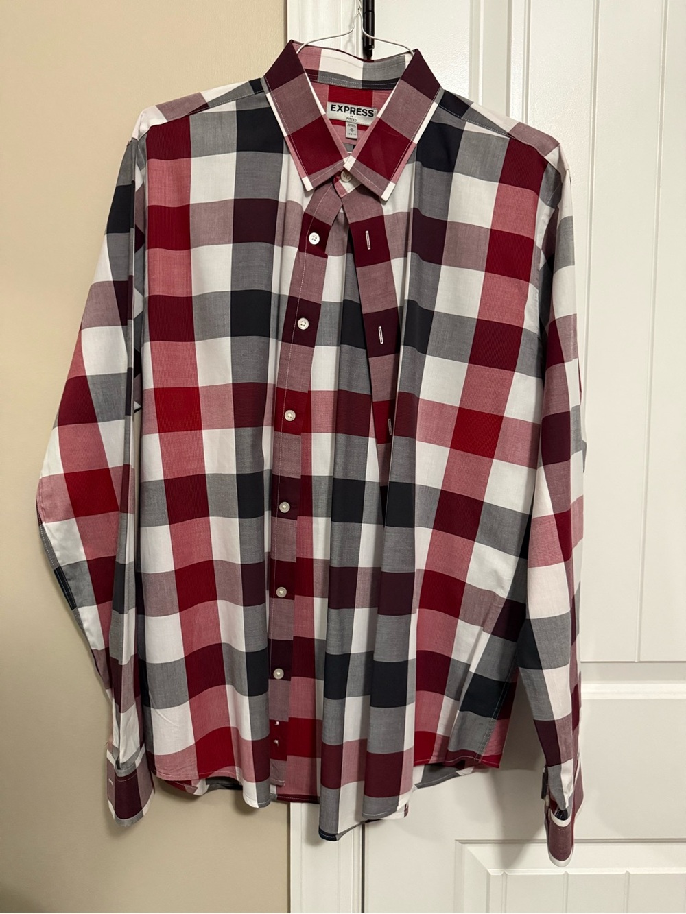 Express Men’s Red, Gray and White Plaid Button-Down Shirt